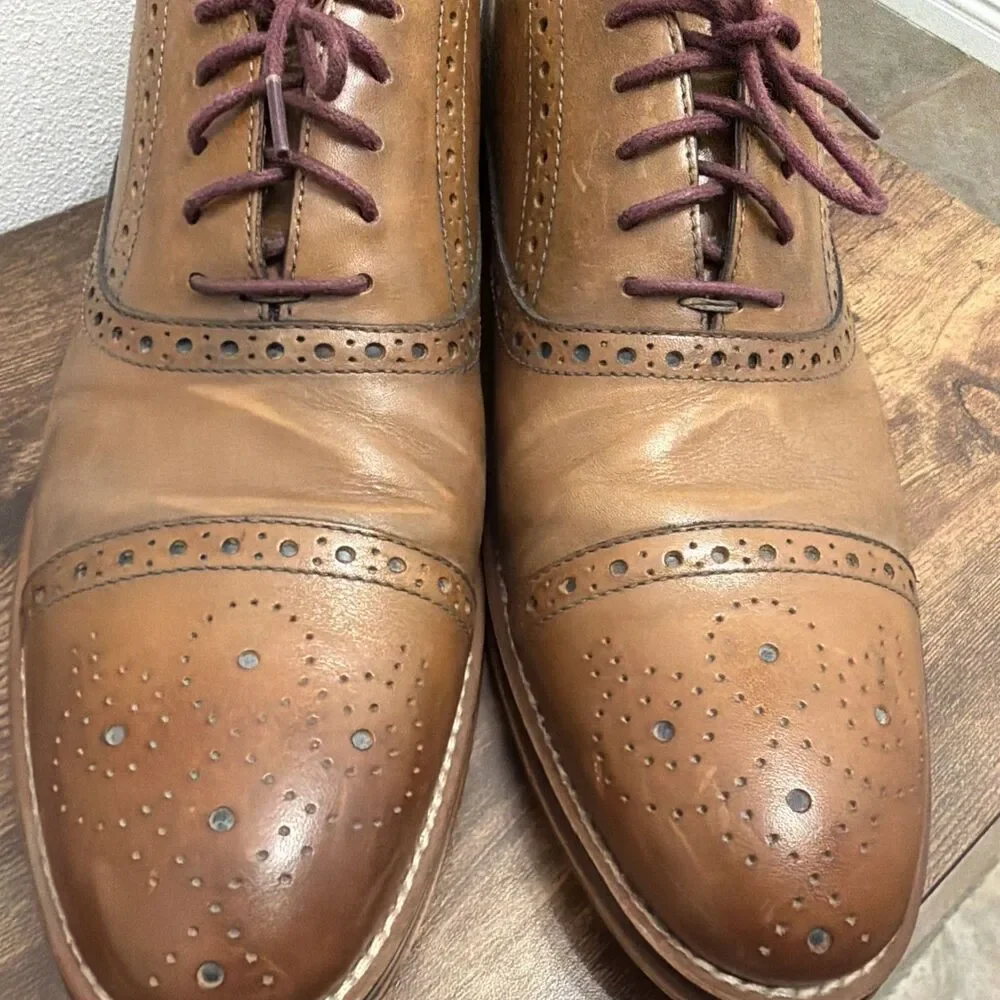 Johnston & Murphy Tan Leather Wingtip Oxfords with Burgundy Laces